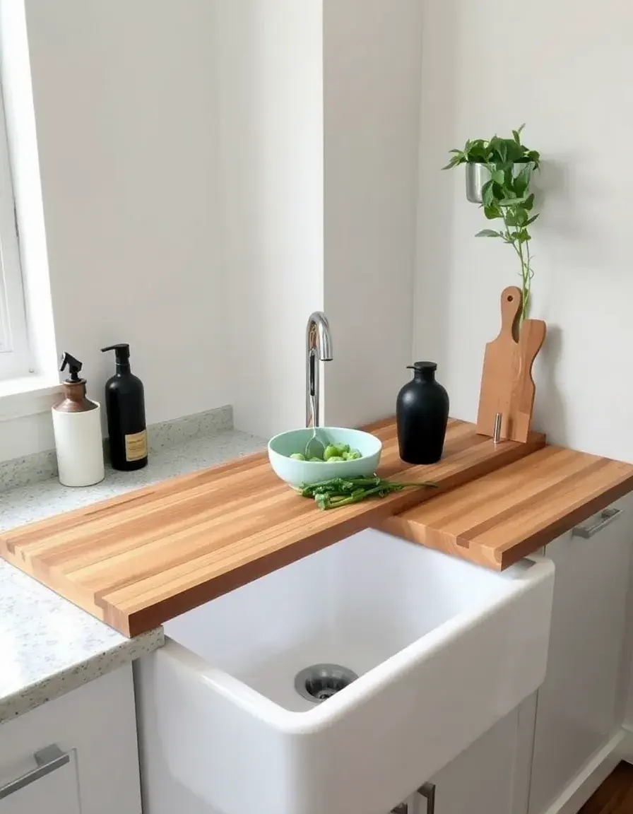 Tagliere in bamboo estendibile sopra il lavello dell'isola cucina