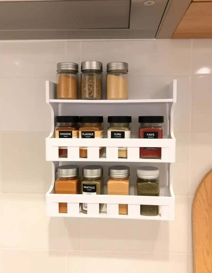 Modular Spice Rack bianco con barattoli organizzati su parete cucina