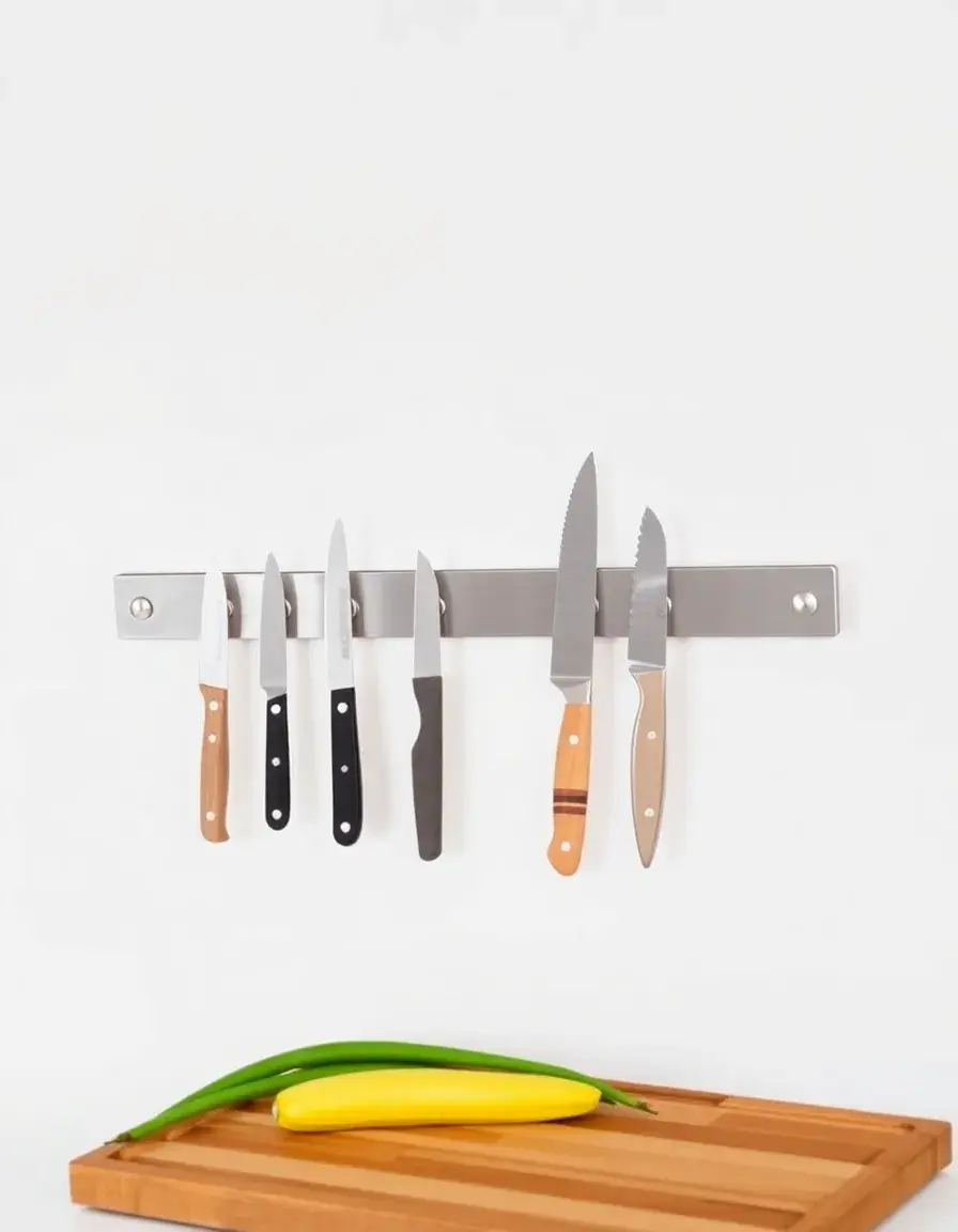 Magnetic Knife Strip in acciaio inox montata a parete con coltelli