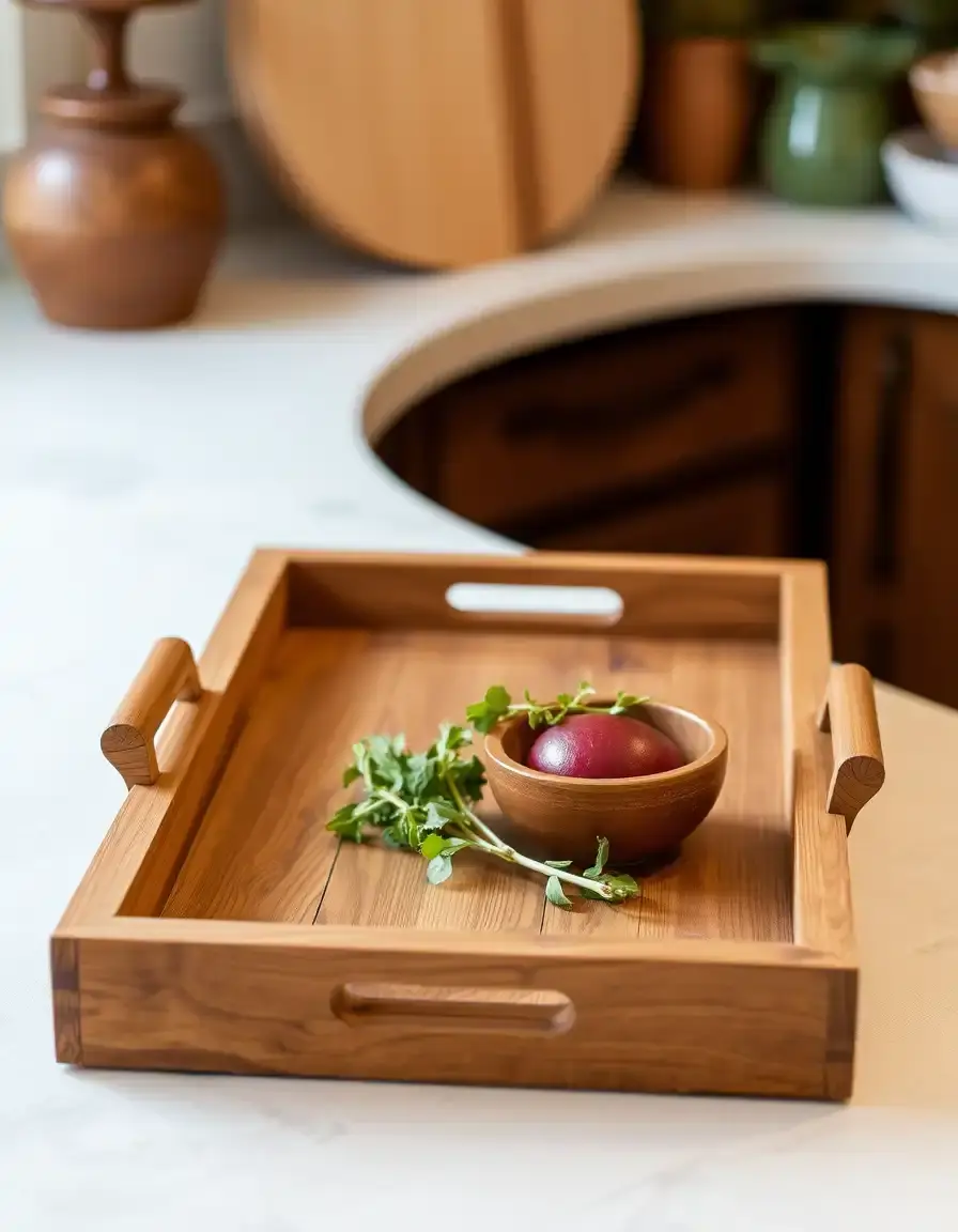 Vassoio in legno di quercia naturale su un tavolo da cucina bianca e legno