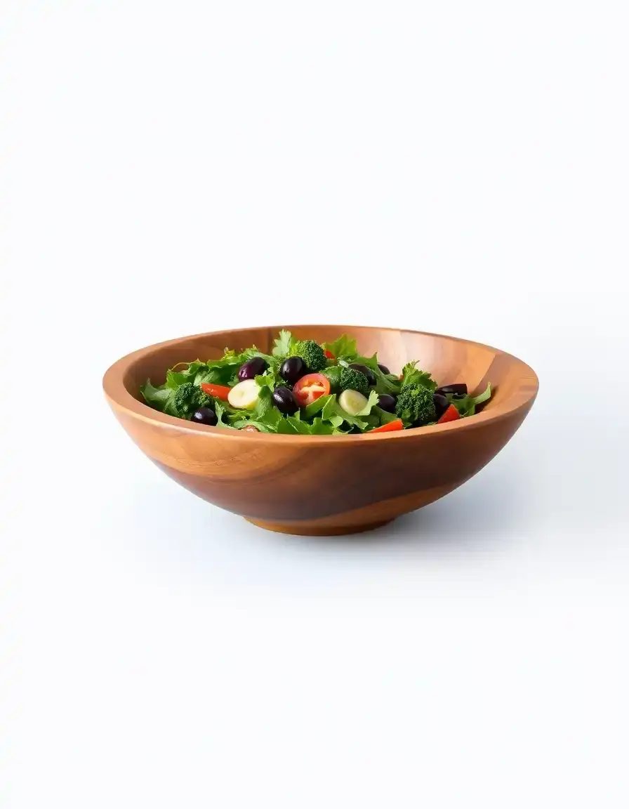 Grande ciotola in legno di acacia per insalata in una cucina bianca