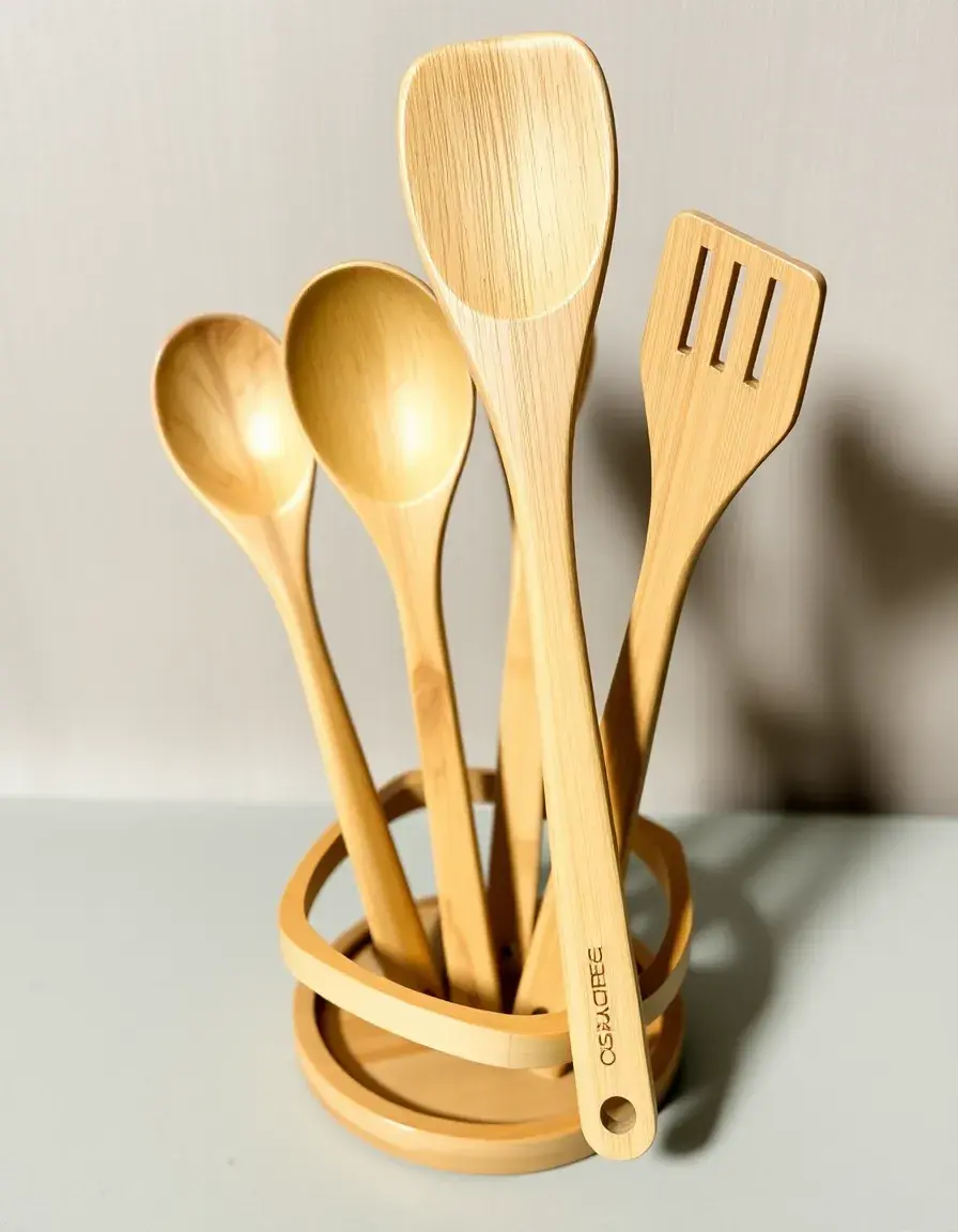 Set di utensili da cucina in bambù in un supporto naturale