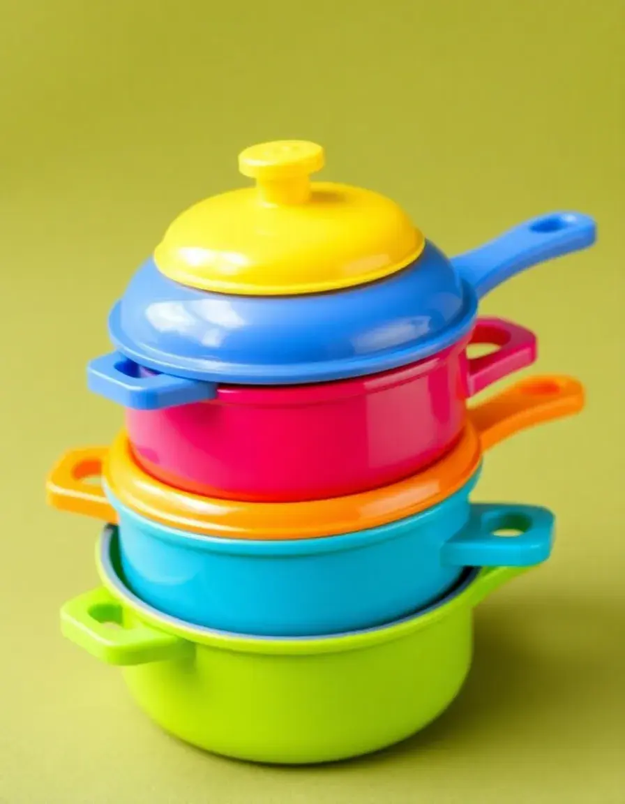 Set di pentole e padelle giocattolo colorate con coperchi