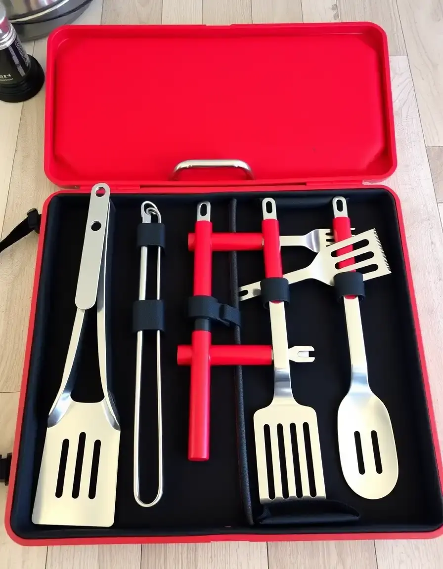 Set di 4 utensili BBQ in acciaio inox con custodia