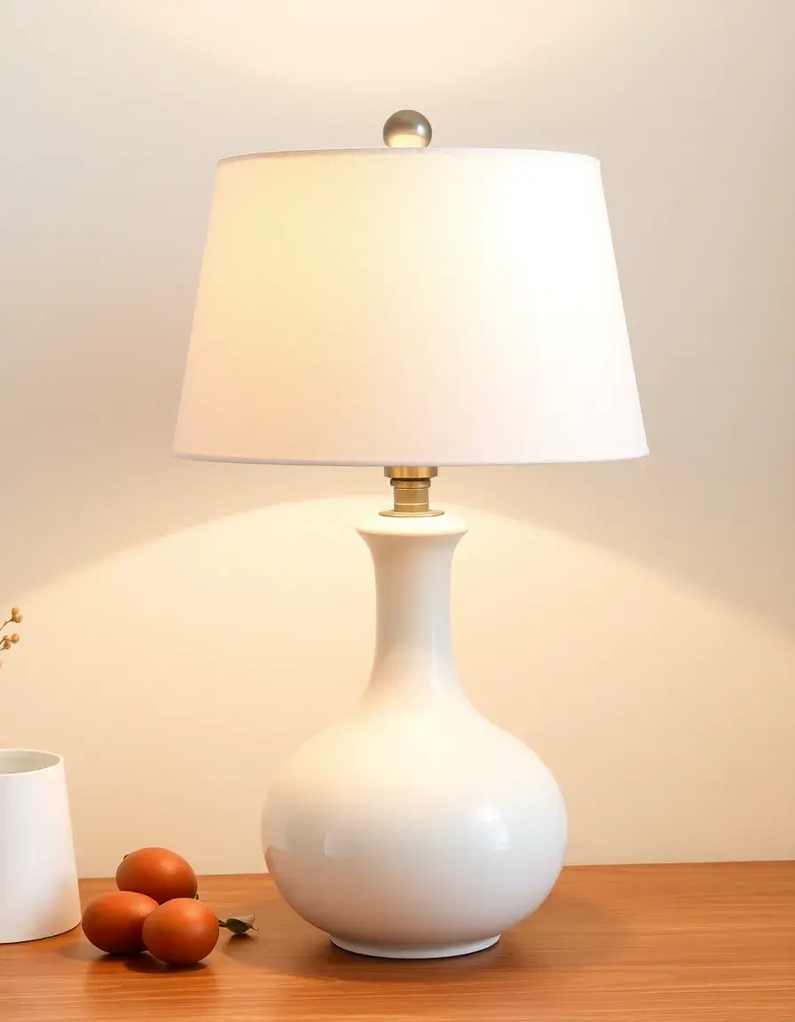 Lampada da tavolo in ceramica per cucina con base bianca e paralume in lino