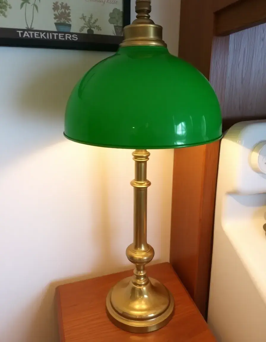 Lampada stile vintage con paralume verde e base in ottone