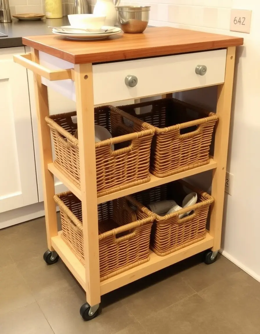 Trolley organizer con cestelli e top in legno mobile dispensa per cucina