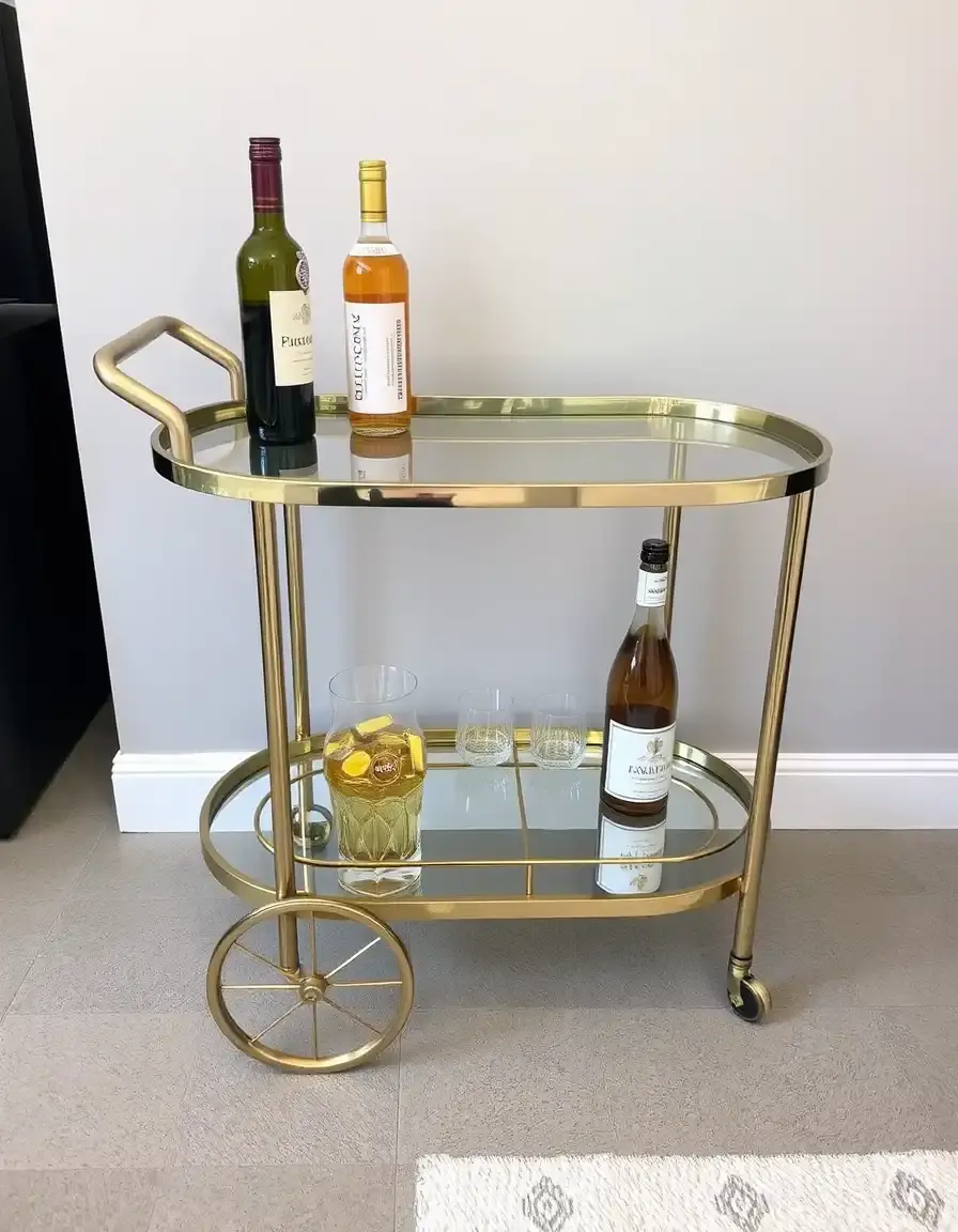 Bar Cart in metallo oro e vetro per aperitivi in open space