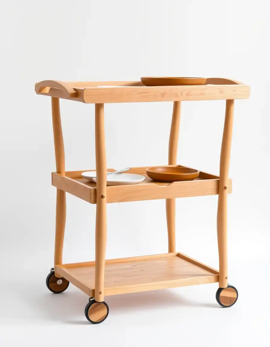 Carrello da portata in legno naturale con vassoi