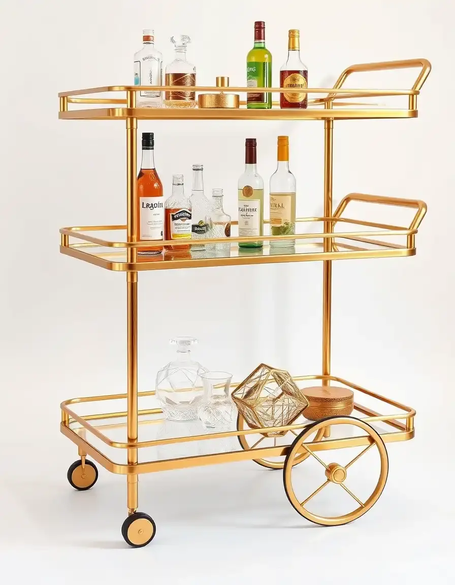 Carrello bar dorato con ripiani in vetro