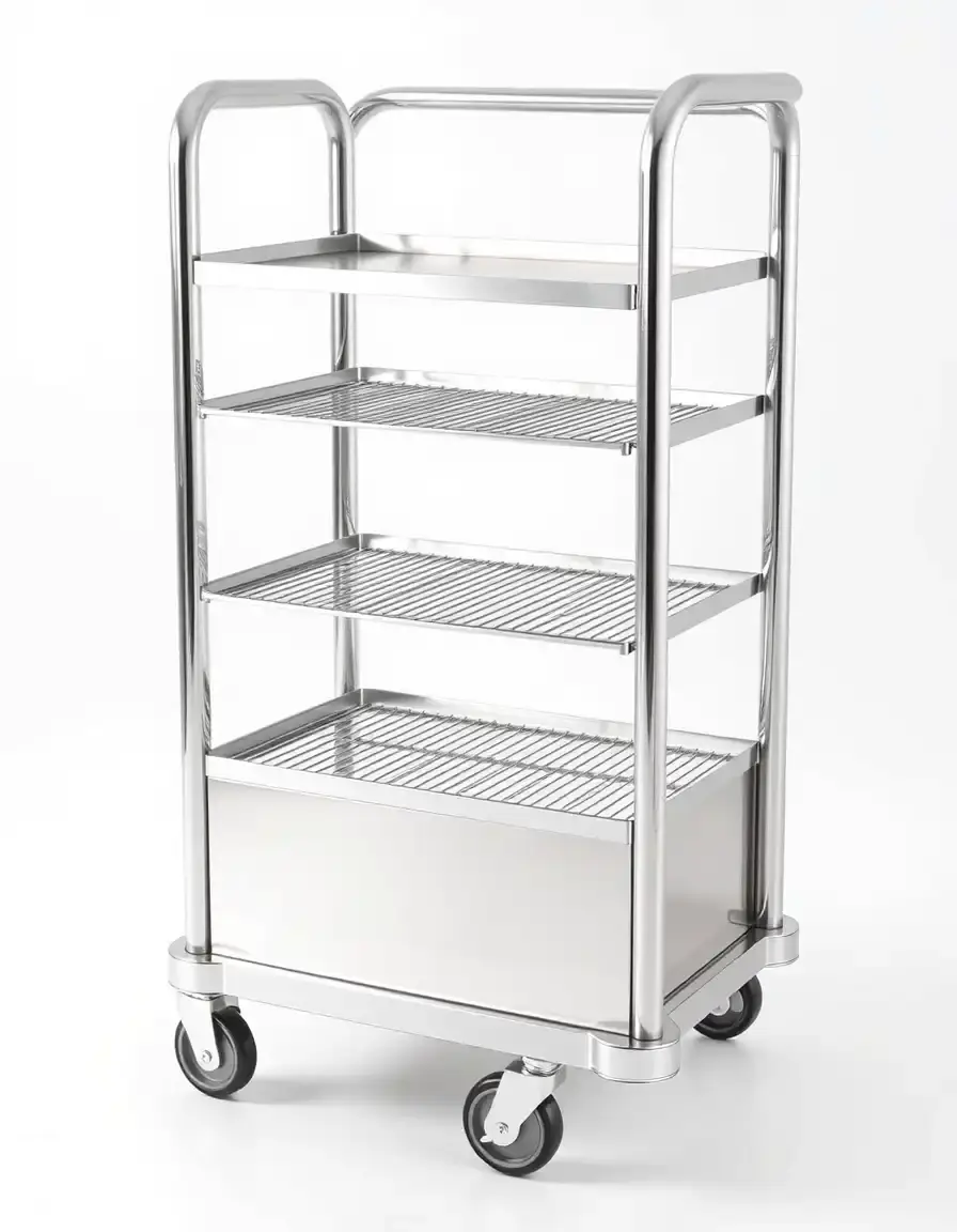 Carrello cucina in acciaio inox con ruote e ripiani per un look professionale.
