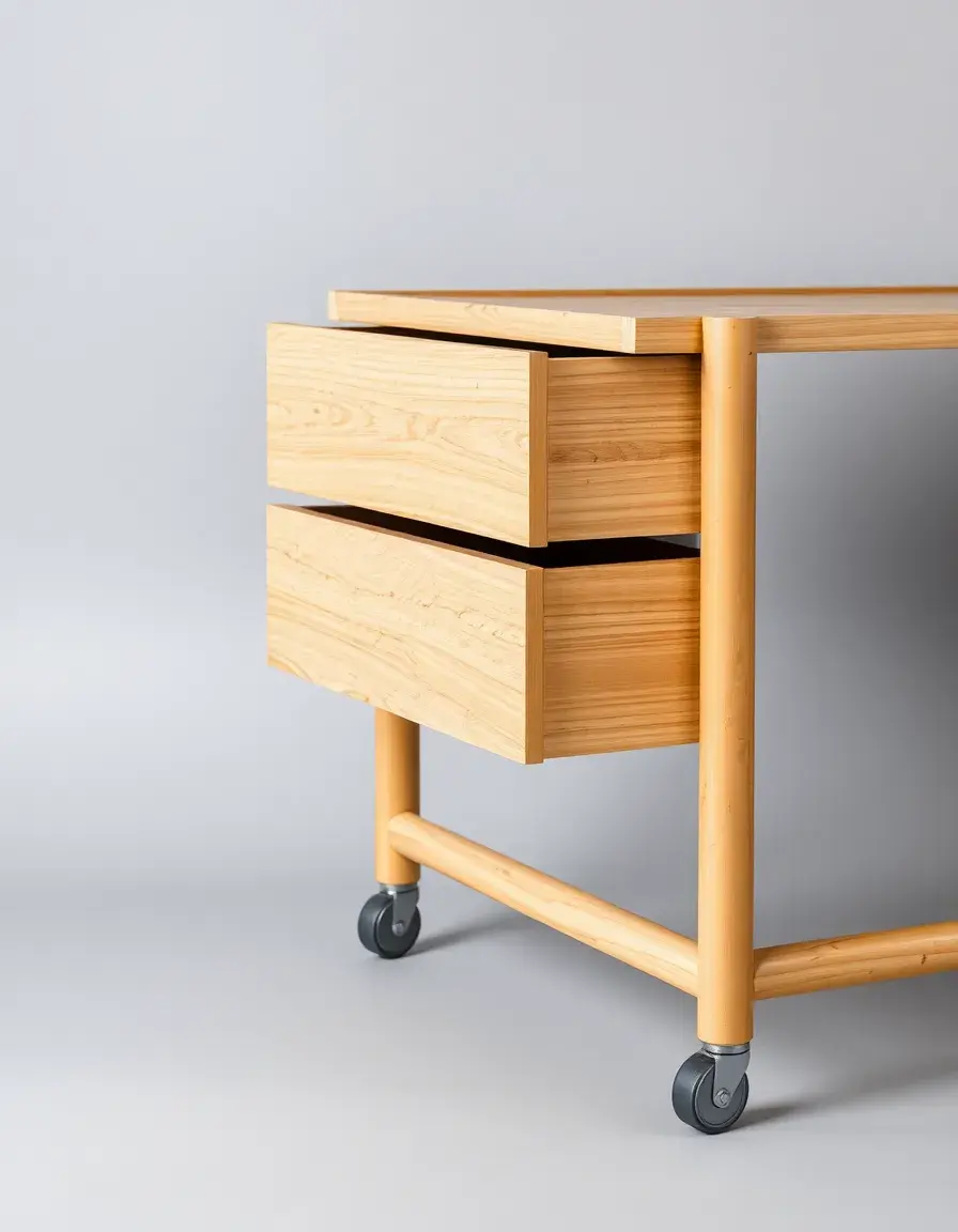 Carrello cucina in legno di bambù con cassetti e finitura naturale.