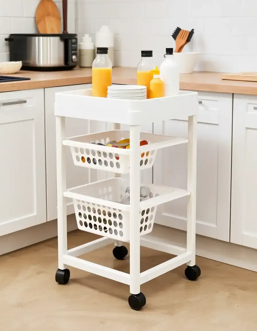 Carrello multiuso in plastica bianca con cestelli rimovibili per organizzazione leggera.