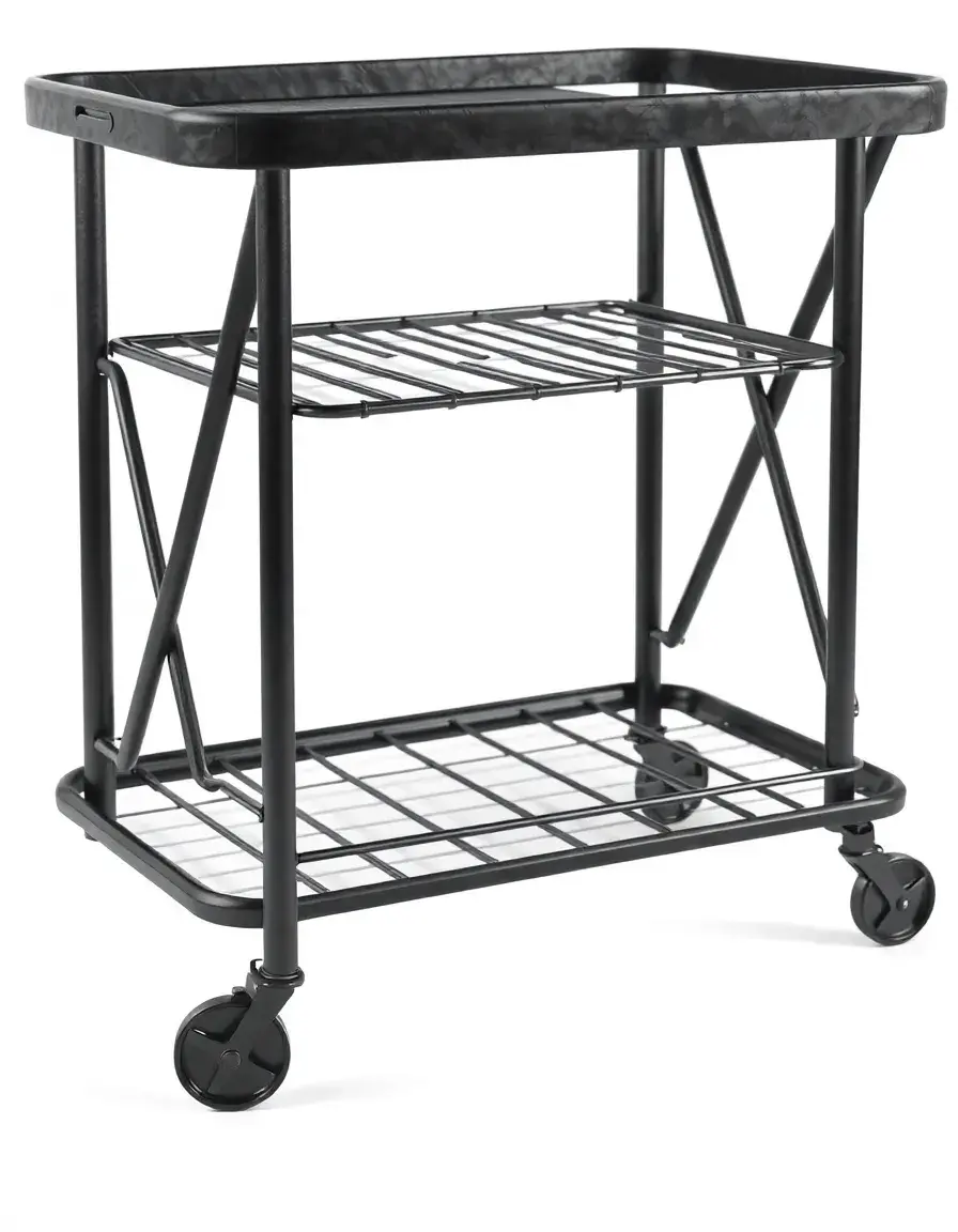 Carrello da servizio pieghevole in metallo nero, design compatto e moderno.