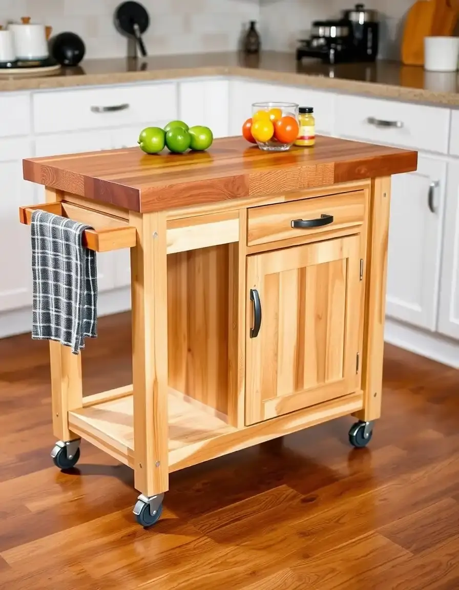 Piccola isola da cucina mobile in legno con piano in blocco da macellaio.