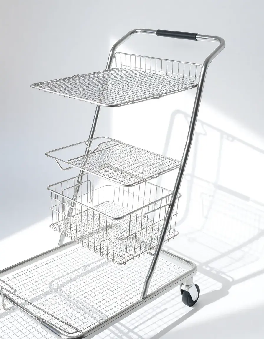 Carrello cucina in rete metallica argento a più livelli, stile industriale.