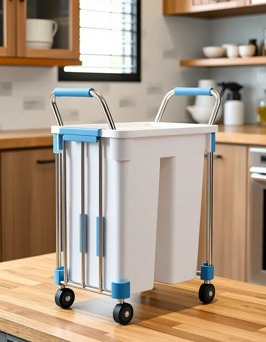 Carrello contenitore portatile in plastica e metallo con maniglie ergonomiche.