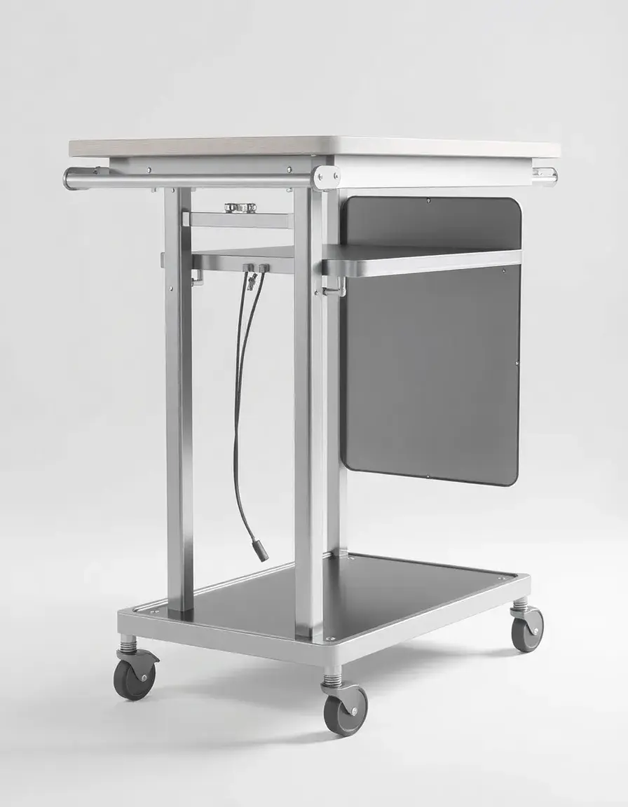 Carrello cucina regolabile in altezza in alluminio con ruote bloccabili.