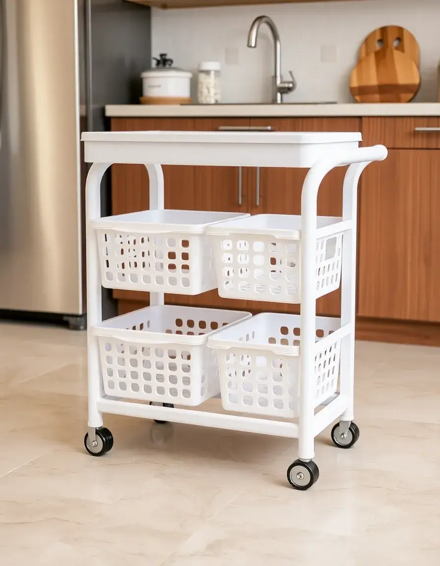 Carrello multiuso in plastica con cestelli bianchi