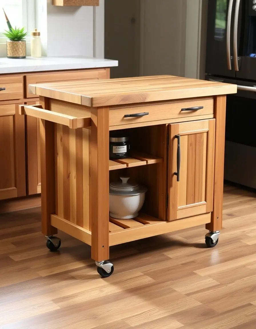 Piccola isola da cucina in legno con piano in legno massiccio e ruote