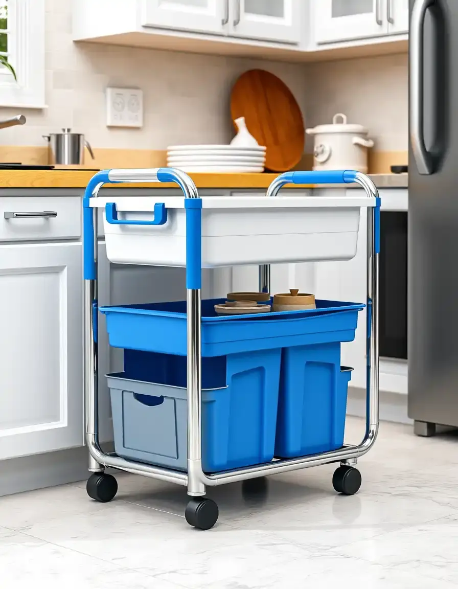 Carrello portaoggetti portatile in plastica e metallo con accenti blu