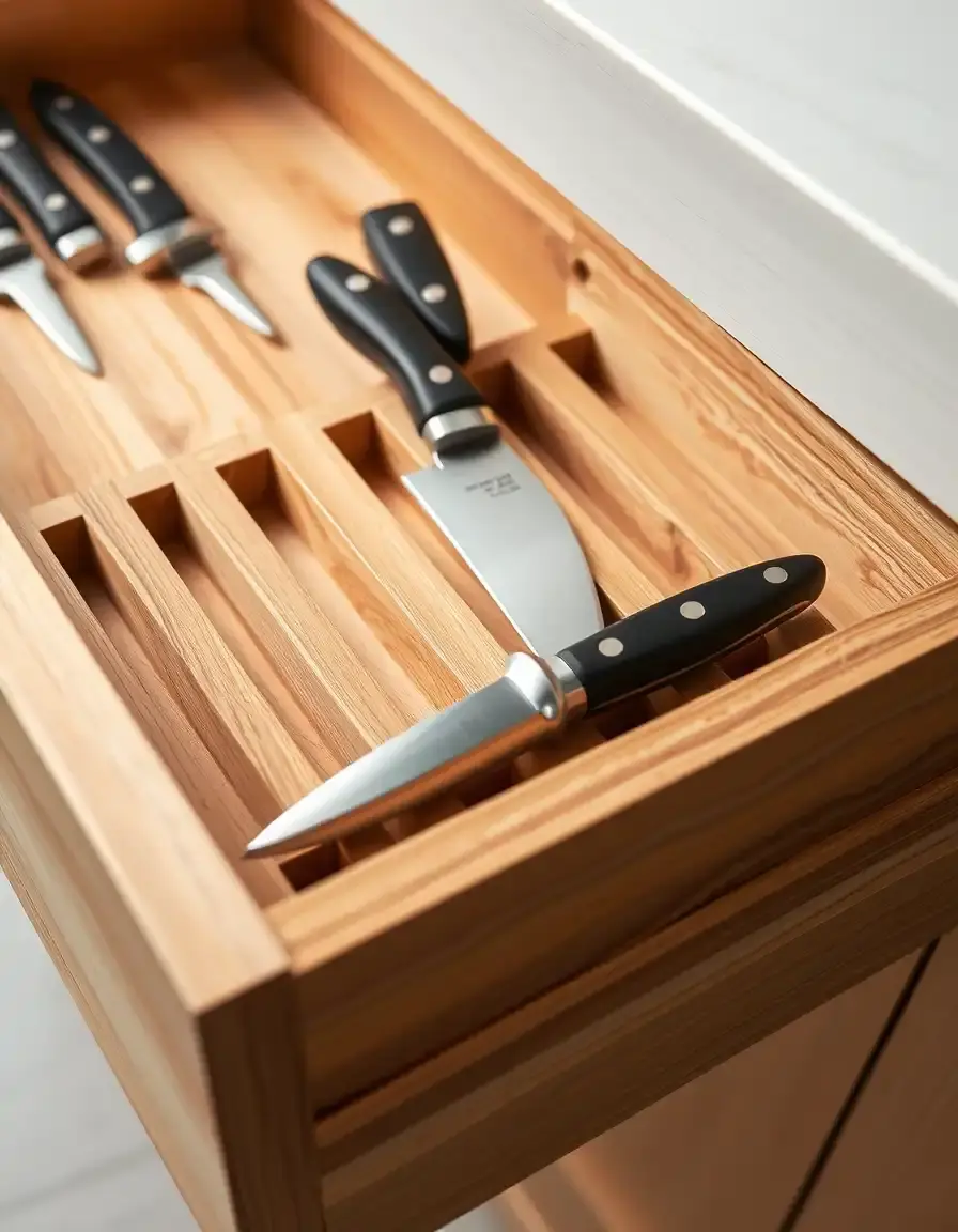 Inserto ceppo coltelli in legno per cassettiera cucina con fessure di sicurezza