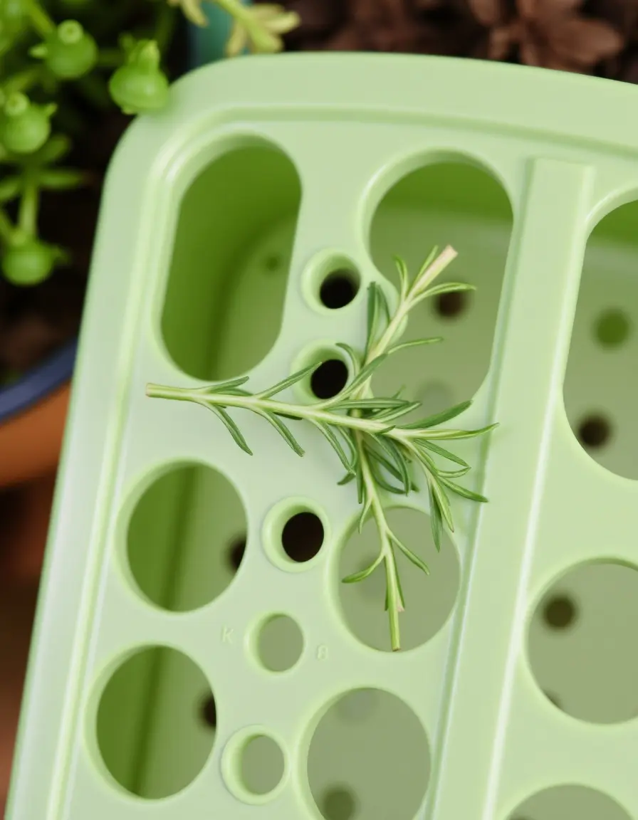 Strumento per sfogliare erbe aromatiche verde con fori di diverse dimensioni