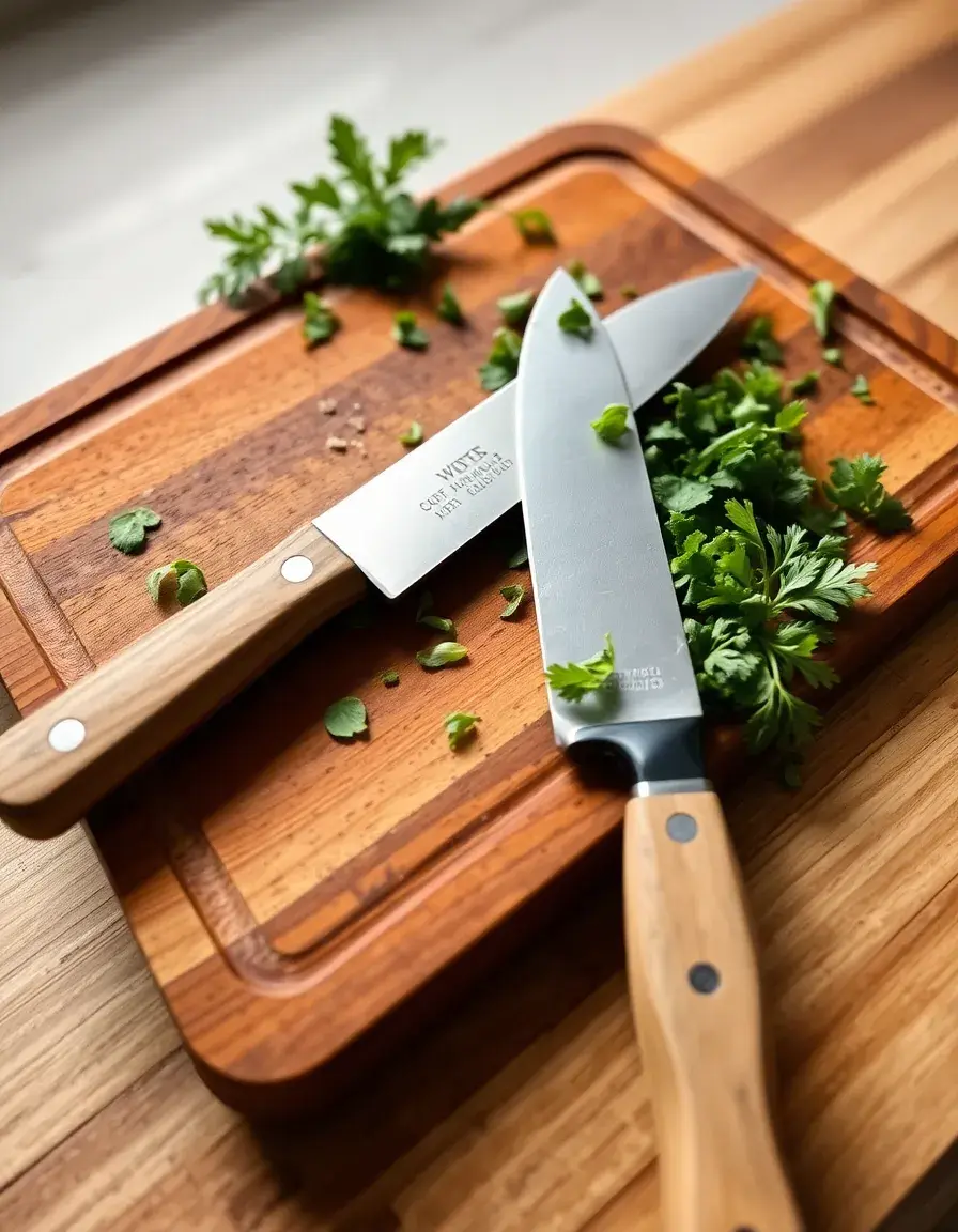 Tagliere in legno con mezzaluna per tritare erba cipollina e prezzemolo