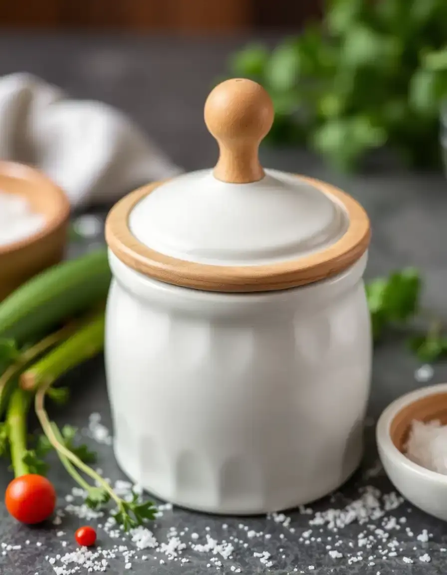 Saliera in ceramica bianca con coperchio in legno per cucina