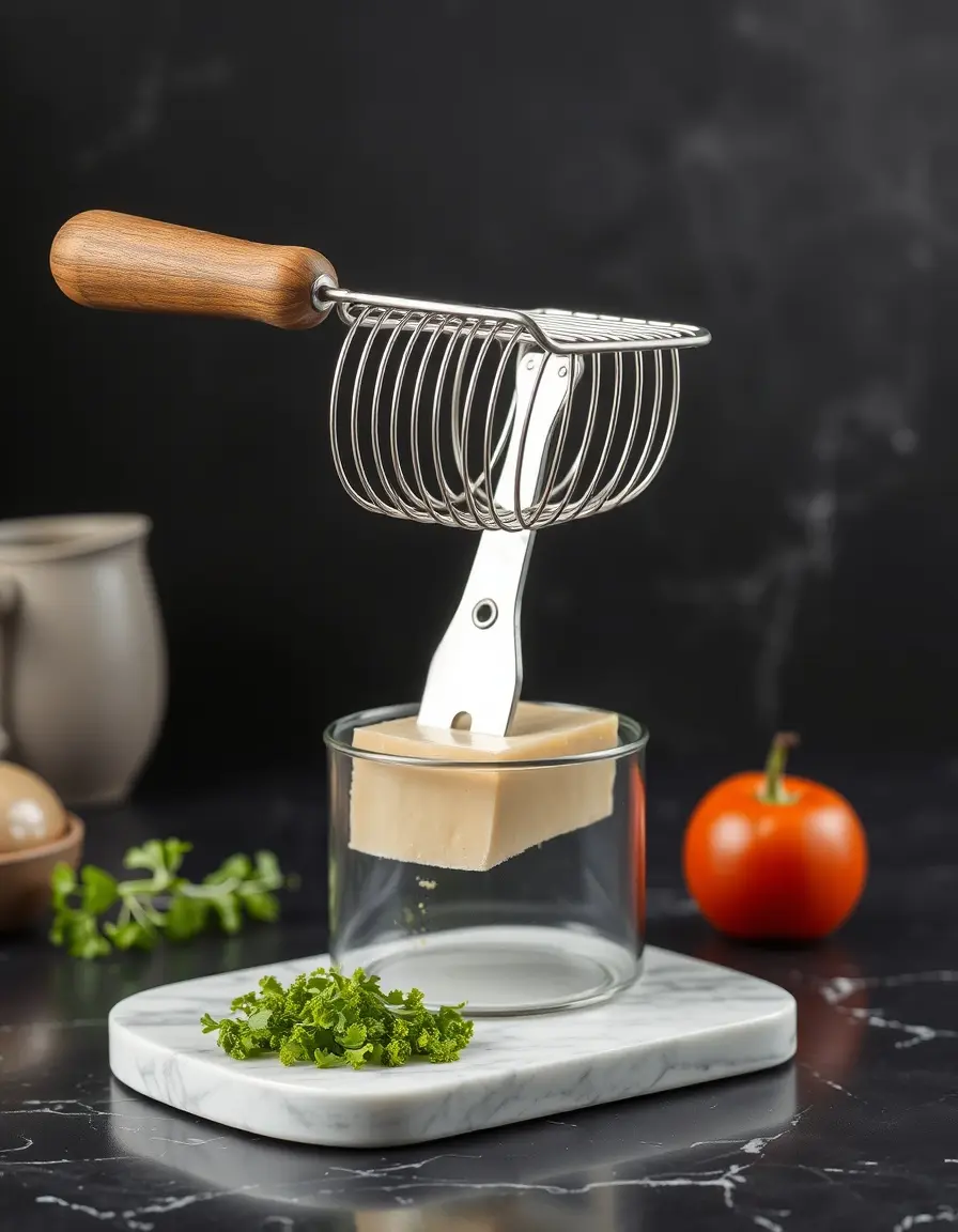 Tagliere con filo per affettare formaggi e verdure morbide su base di marmo