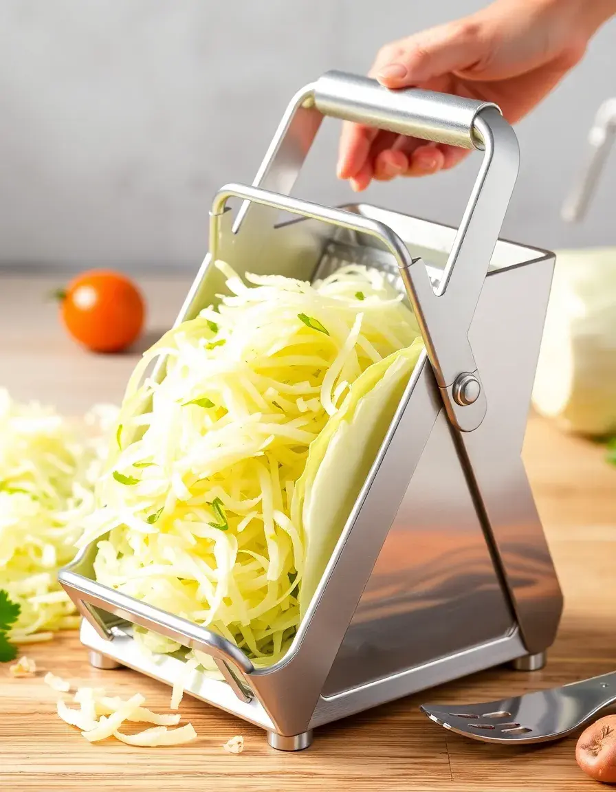 Stainless steel cabbage shredder tool with safety guard for precise slicing