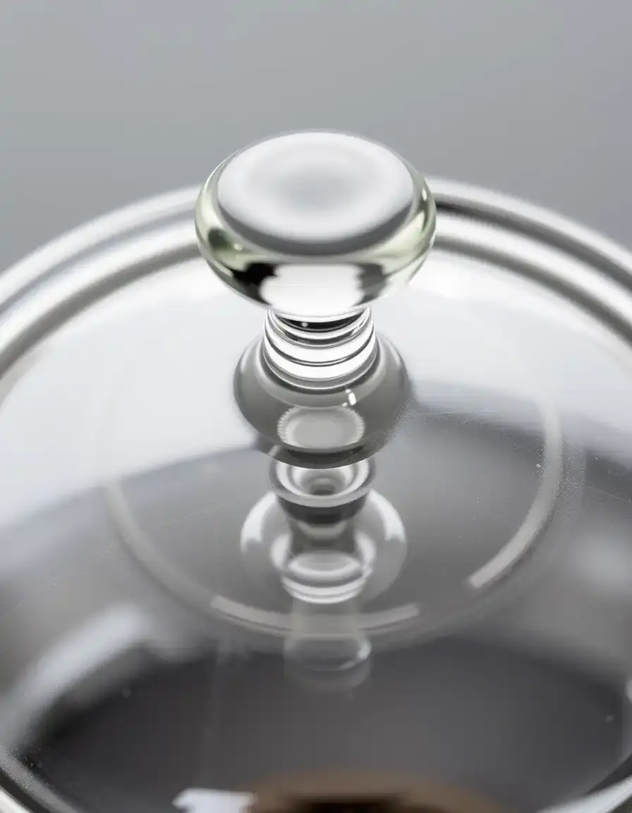 Heavy glass braising lid with knob for moisture control in cooking