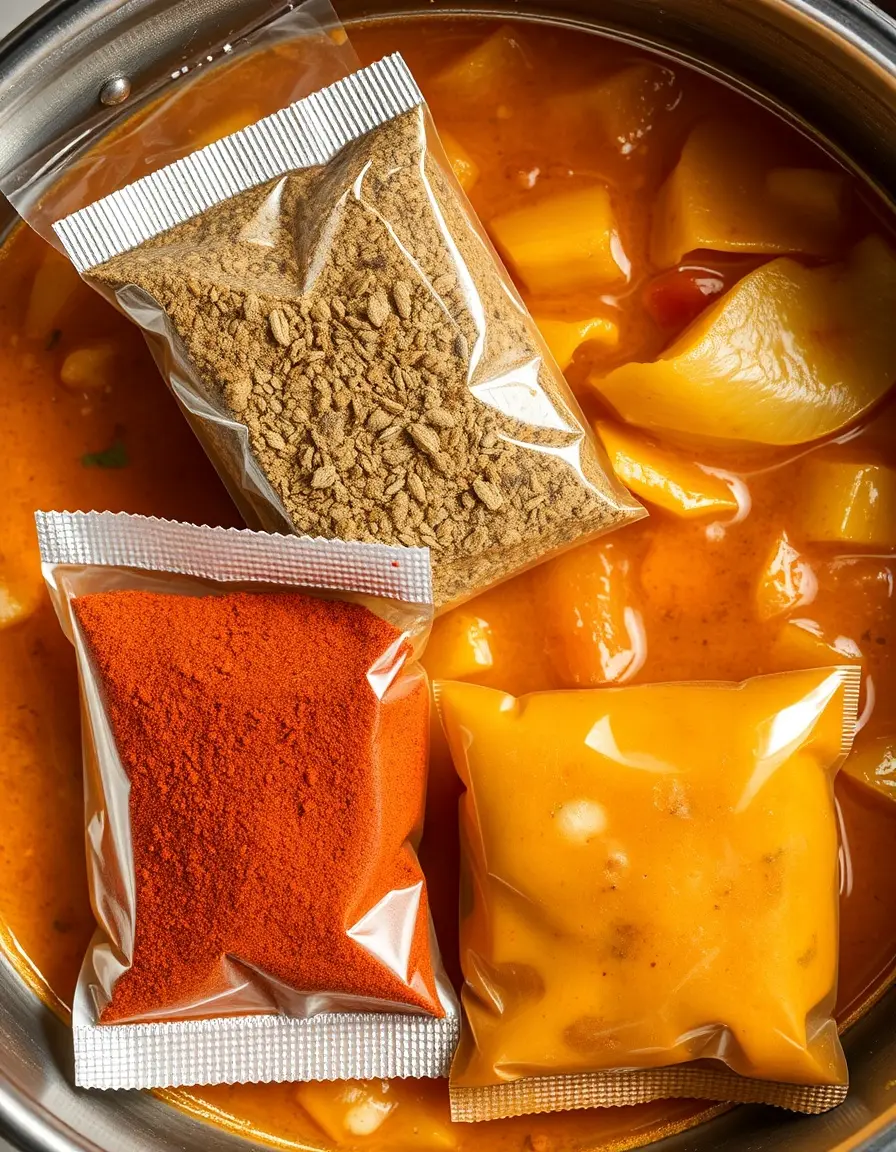 Spice packets for cabbage stew, photorealistic foil sealed packaging