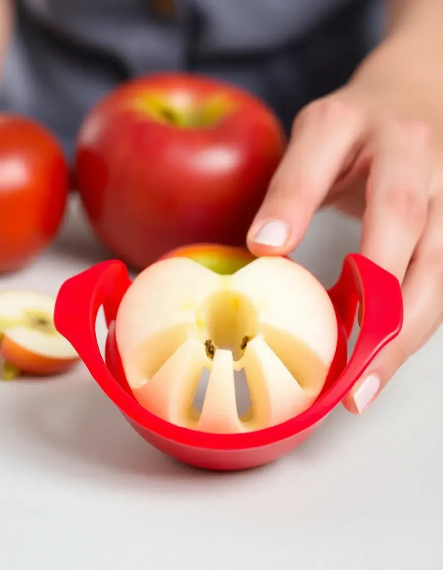 Red veggie slicer and corer tool useful for removing cabbage hearts