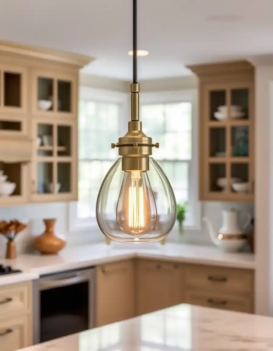 Lampada a sospensione elegante per cucina a penisola in vetro e ottone