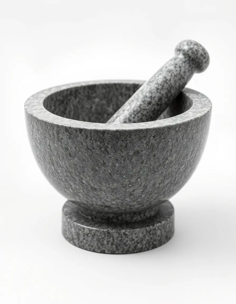 Mortaio e pestello in granito grigio per macinare spezie fresche cucina indiana