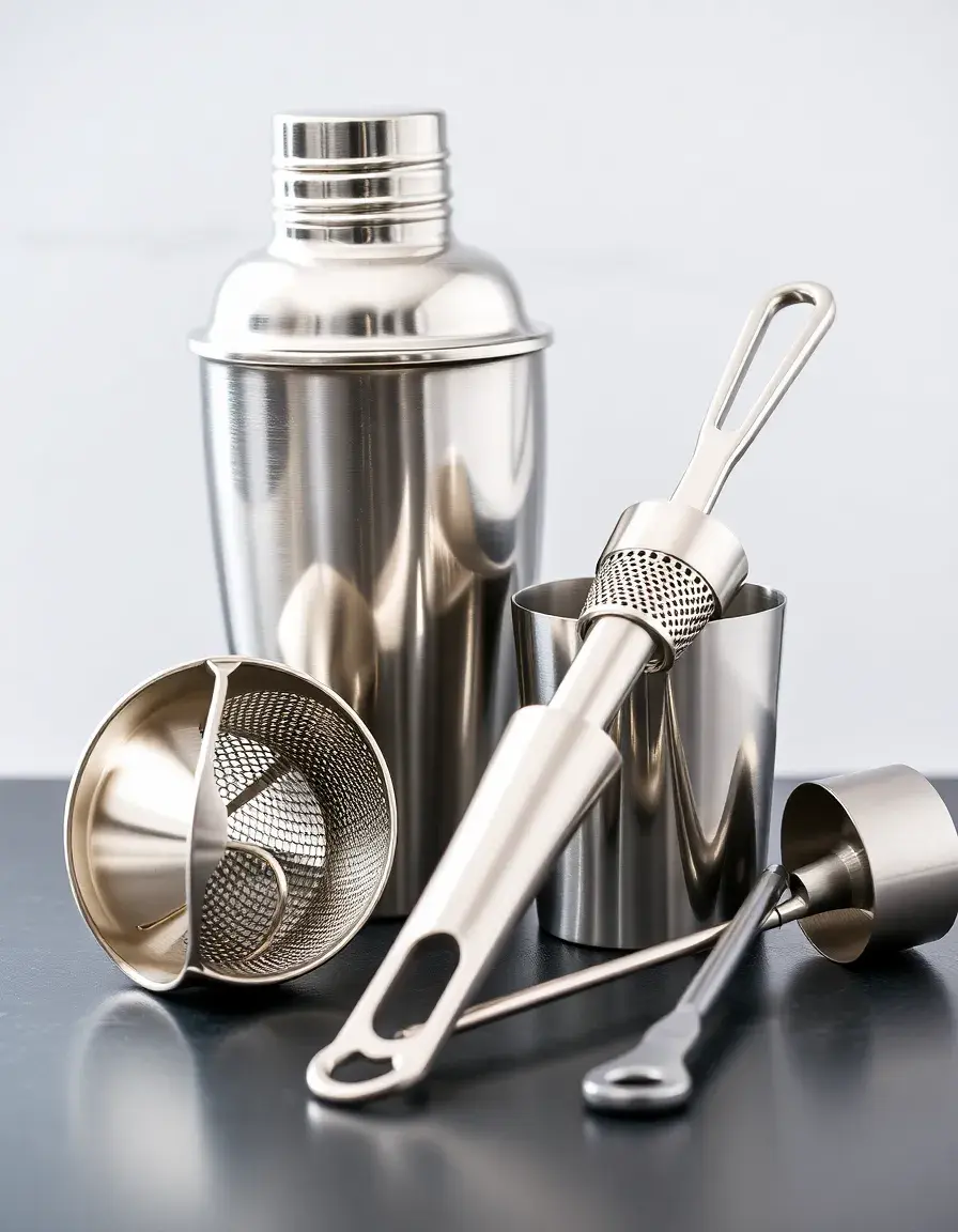 Set barman in acciaio inossidabile con shaker e filtro su isola cucina