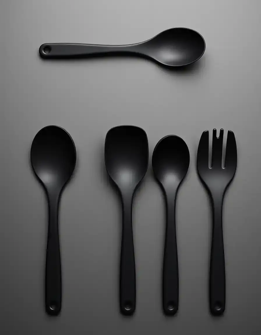 Set di utensili in silicone nero opaco su piano di lavoro