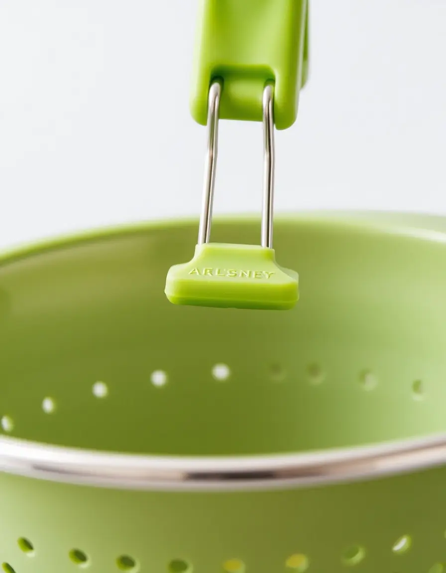 Colino a clip in silicone verde per scolare le lenticchie direttamente dalla pentola