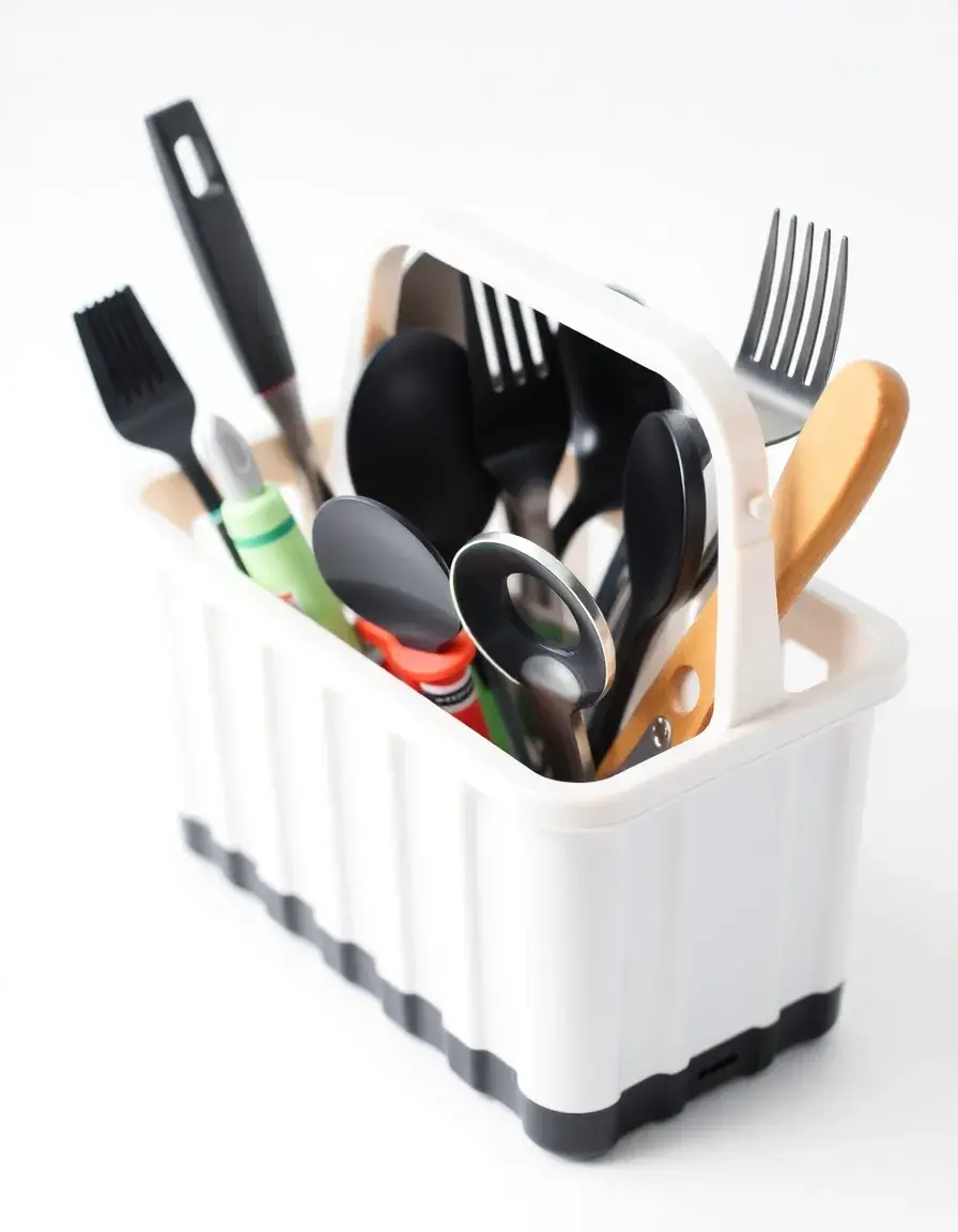 Organizer portatile per utensili cucina in plastica su sfondo bianco