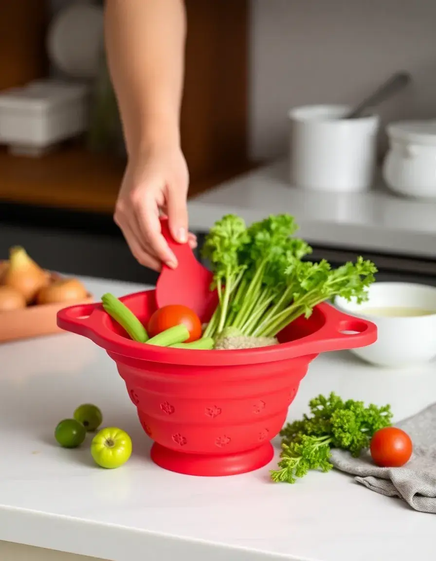 Scolapasta pieghevole in silicone rosso salva spazio