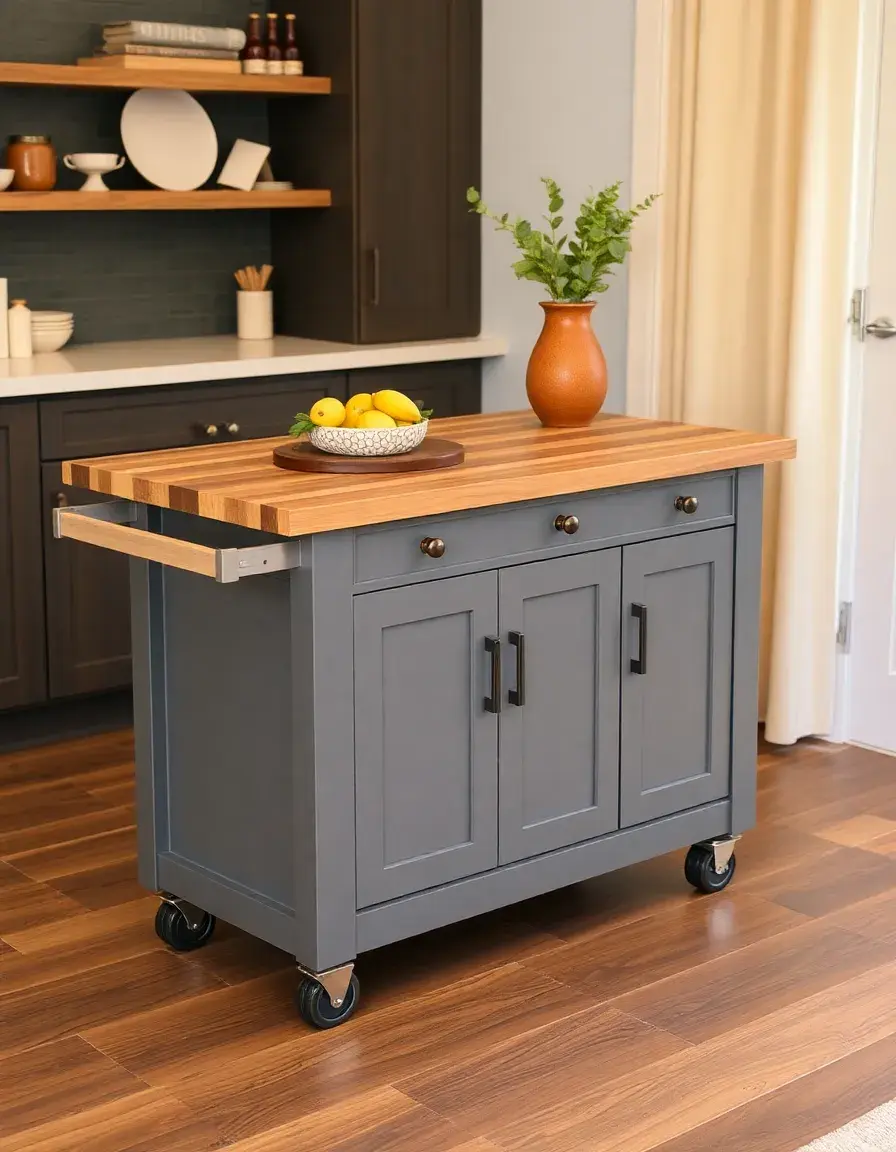 Carrello isola per cucina rotante con top in legno massiccio