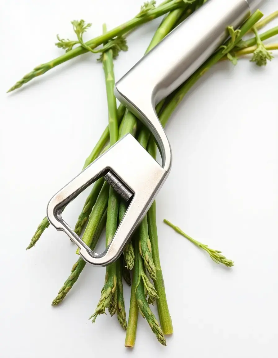 Pela asparagi professionale in acciaio inox su sfondo bianco
