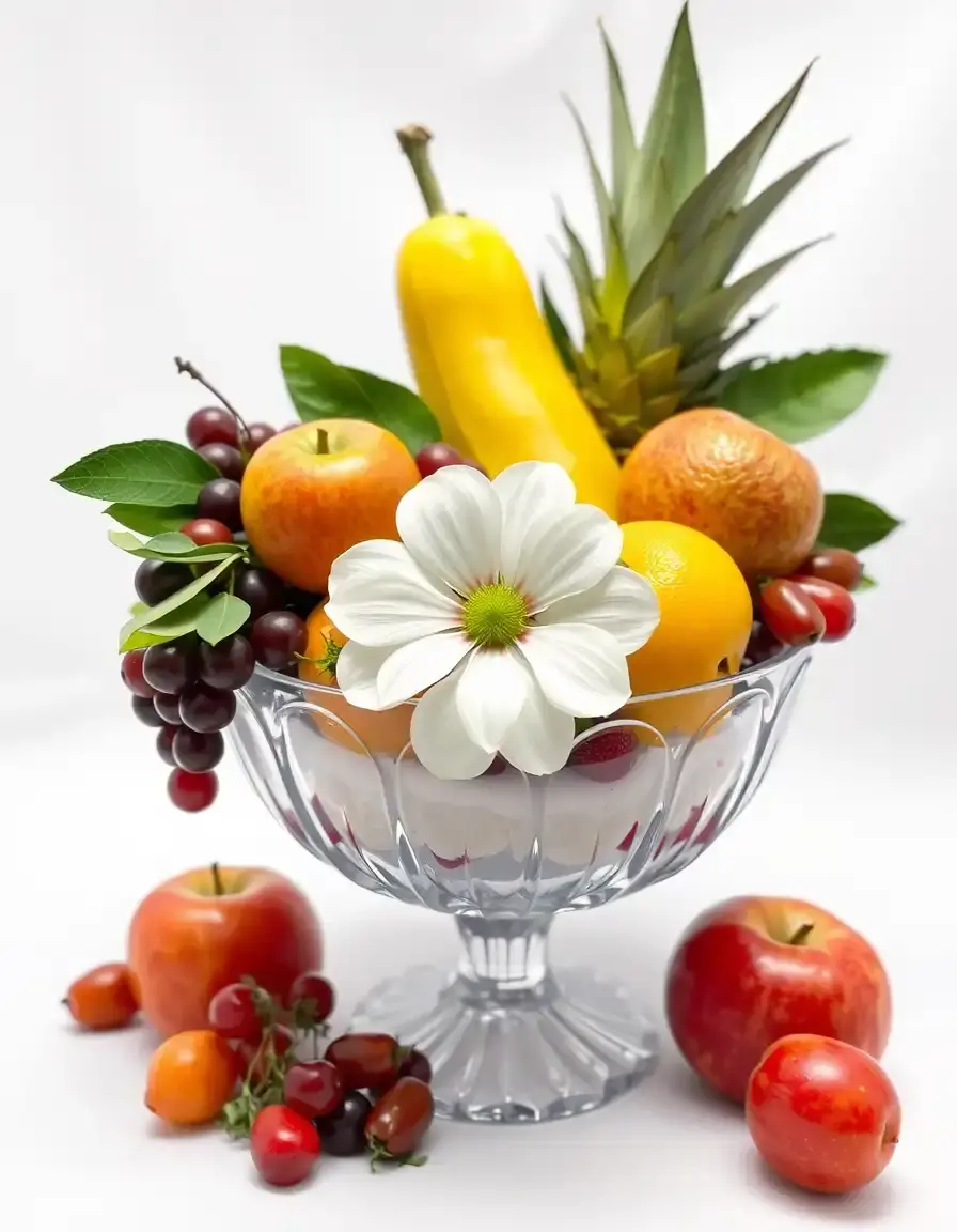 Elegante ciotola centrotavola in vetro con frutta fresca su fondo bianco