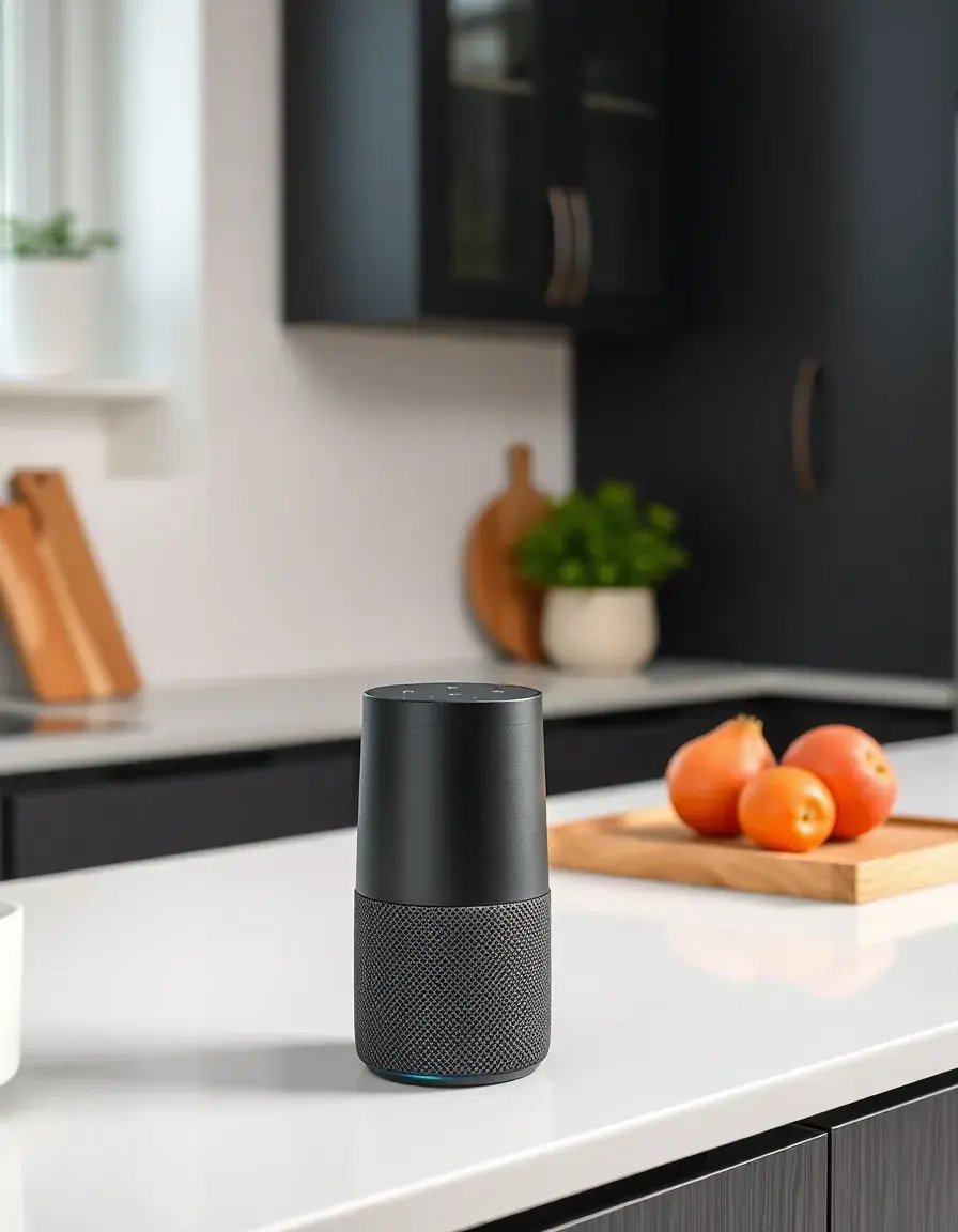 Assistente vocale smart nero posizionato su un'isola di cucina moderna