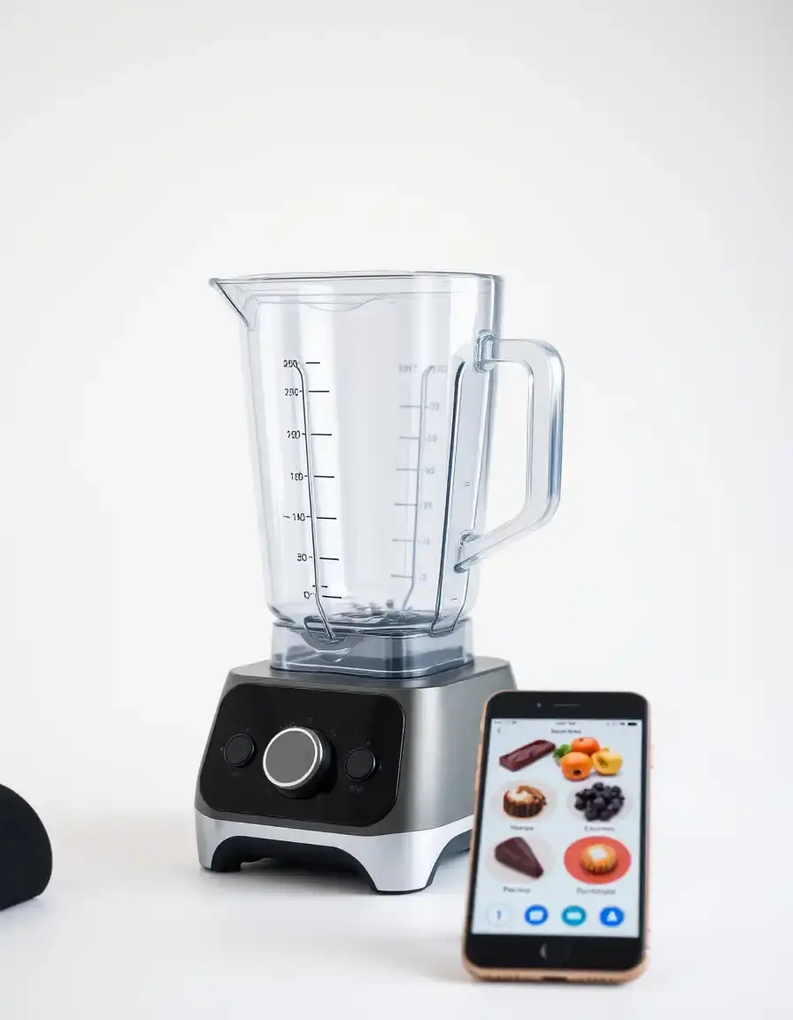 Frullatore smart controllato da app con caraffa in vetro su isola cucina