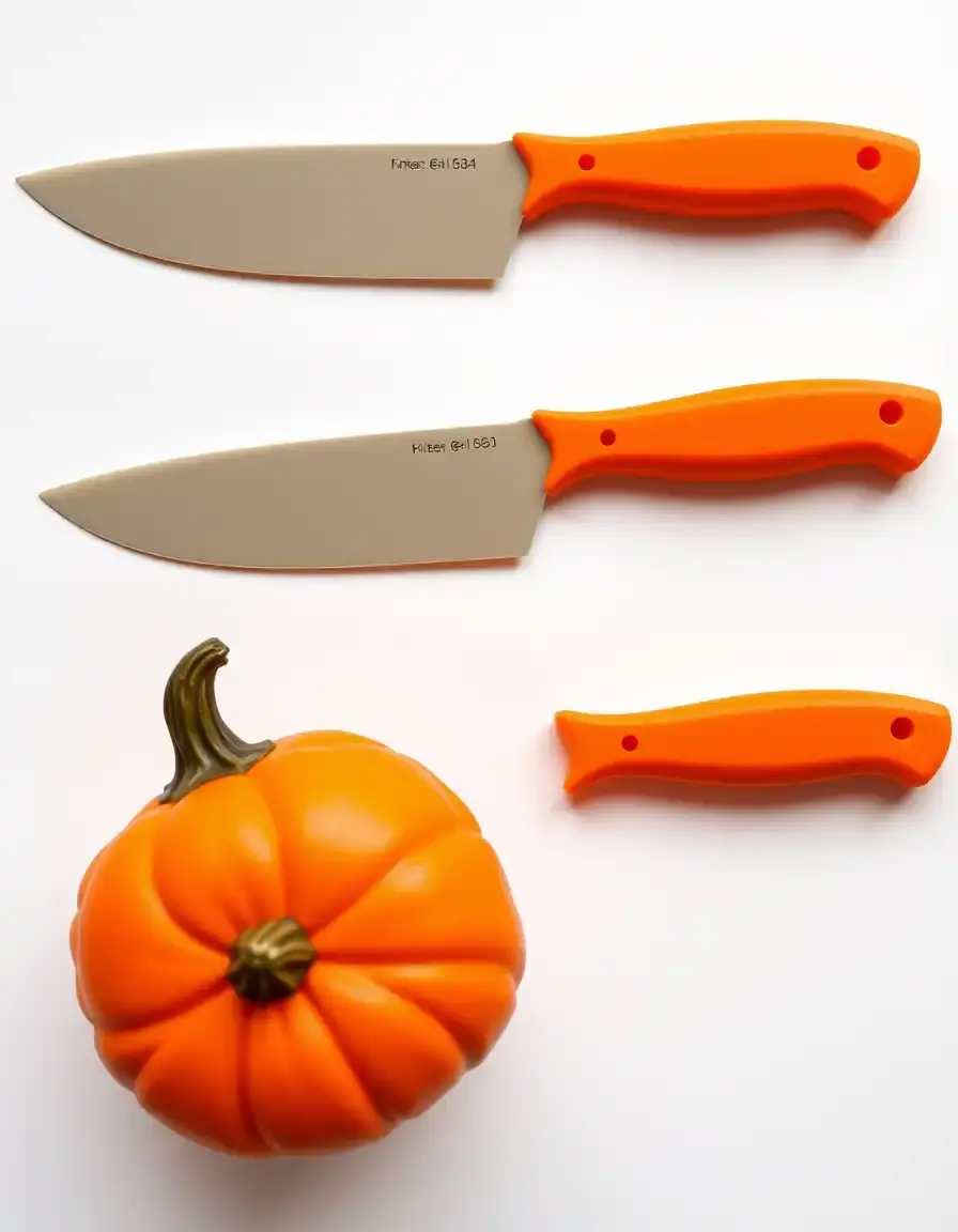 Set di coltelli in plastica arancione per intagliare la zucca su sfondo bianco