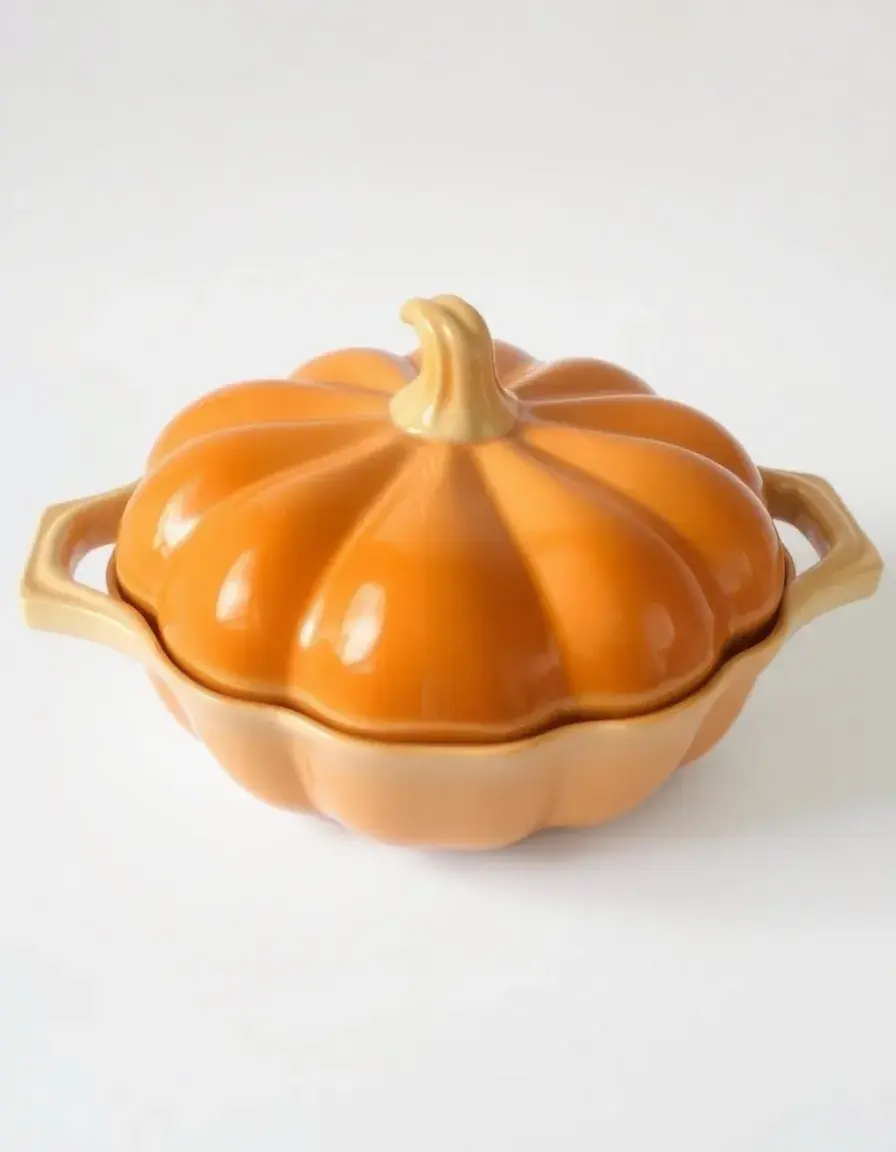 Pirofila in ceramica a forma di zucca per cottura in forno su sfondo bianco