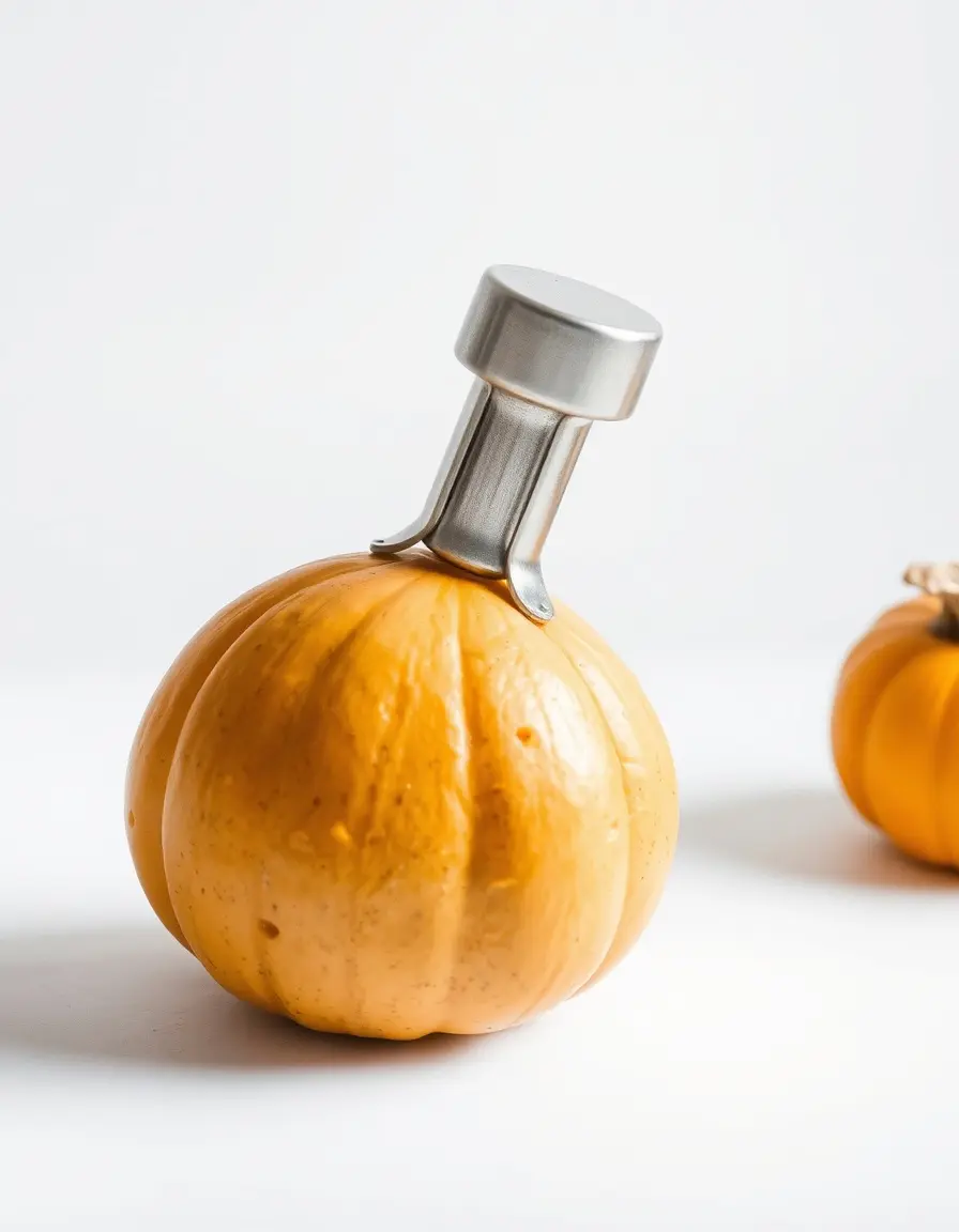 Schiacciapatate manuale in acciaio inox per purea di zucca su sfondo bianco