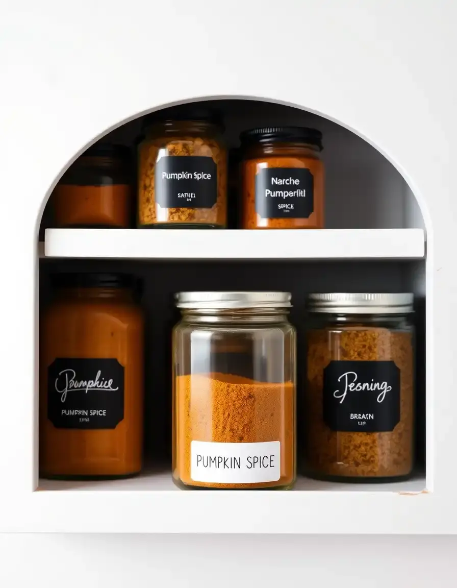 Set di barattoli per spezie per zucca etichettati su scaffale bianco